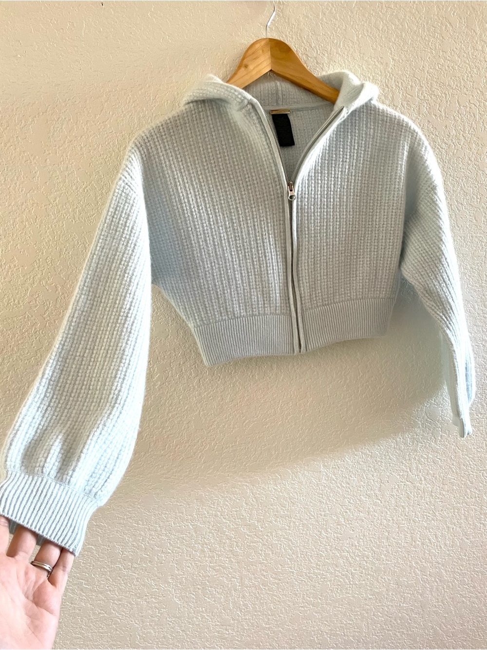 Magaschoni Cashmere Waffle Knit Cropped Zip Hoodie Sweater Powder Blue S Fall - Picture 3 of 10